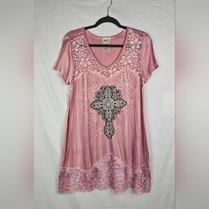 Vocal USA Studded Cross Lace Trim Short Sleeve Tunic Top sz S  NWOT Goth